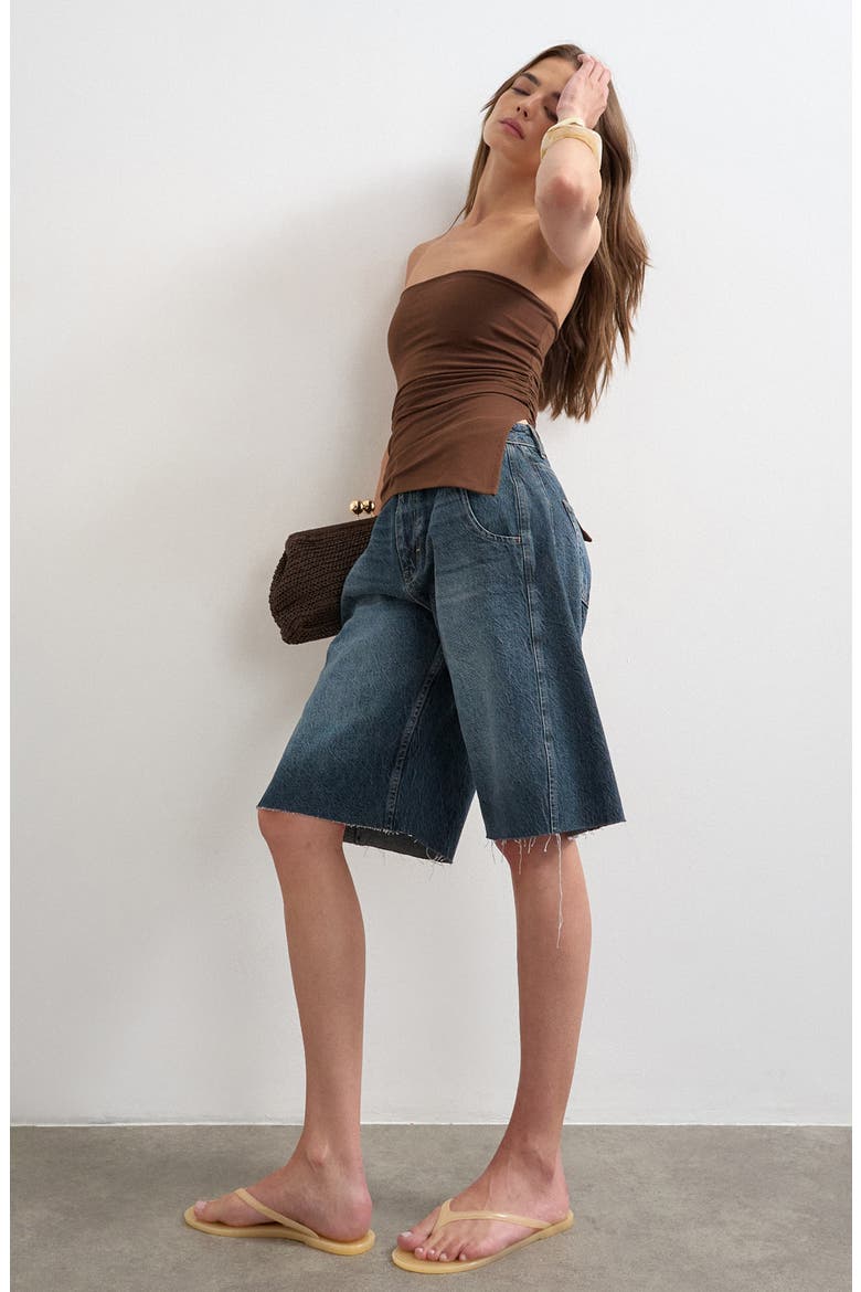 Ruched Asymmetrical Strapless Top, Alternate, color, BROWN