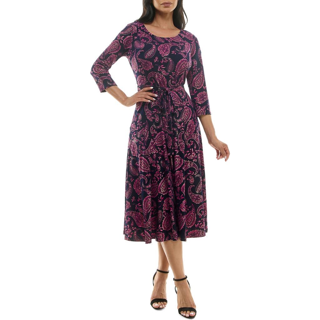 Nina Leonard Sylvia Floral A-line Midi Dress In Navy/berry Foil