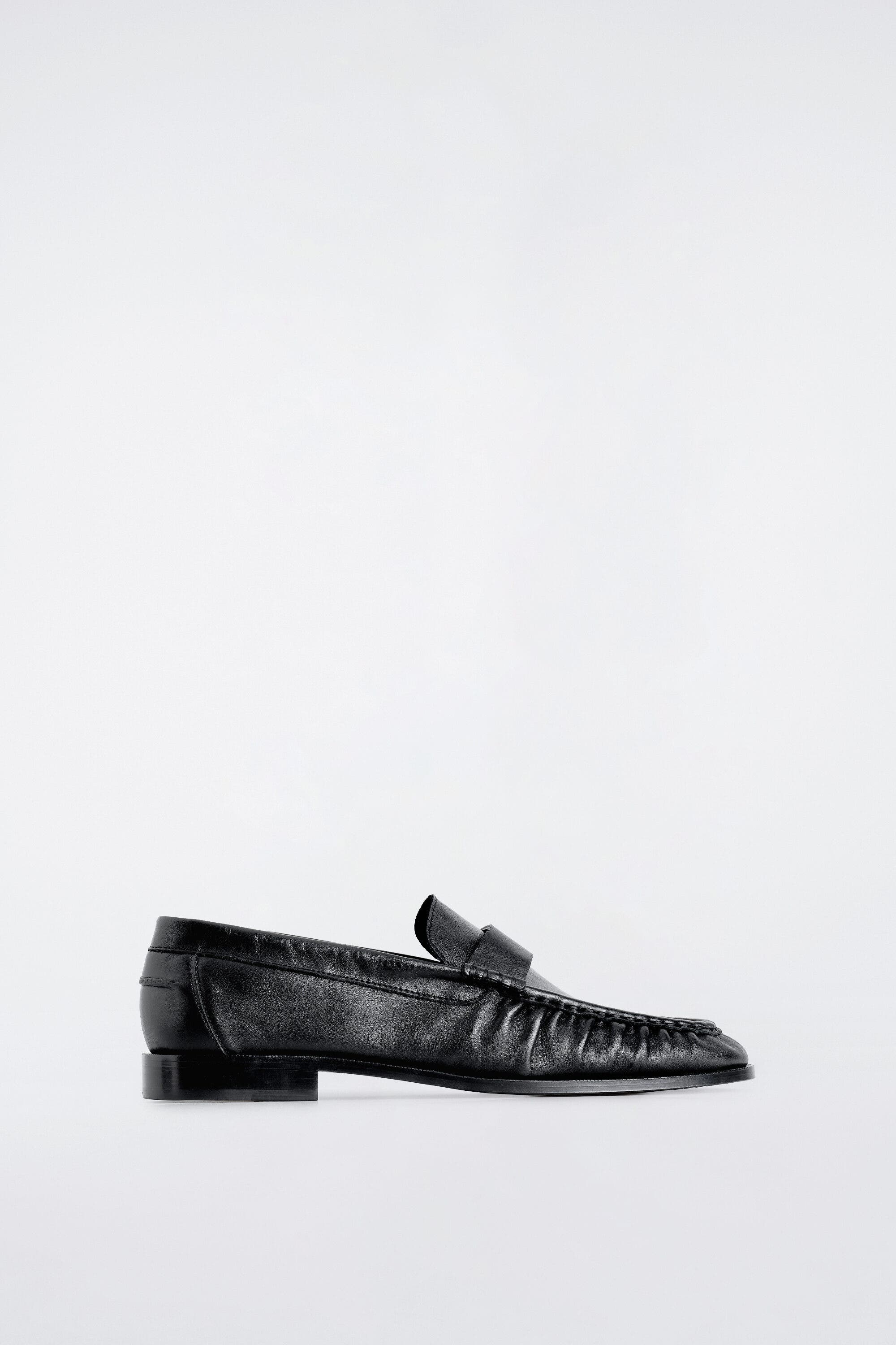 Ruched Leather Loafers, Main, color, BLACK