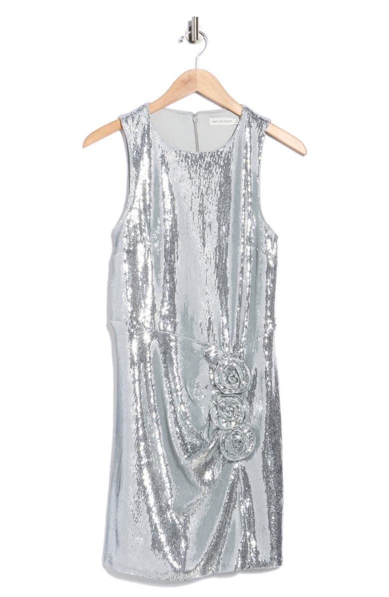 Avec Les Filles Rosette Sleeveless Sequin Sheath Dress, Main, color, Silver