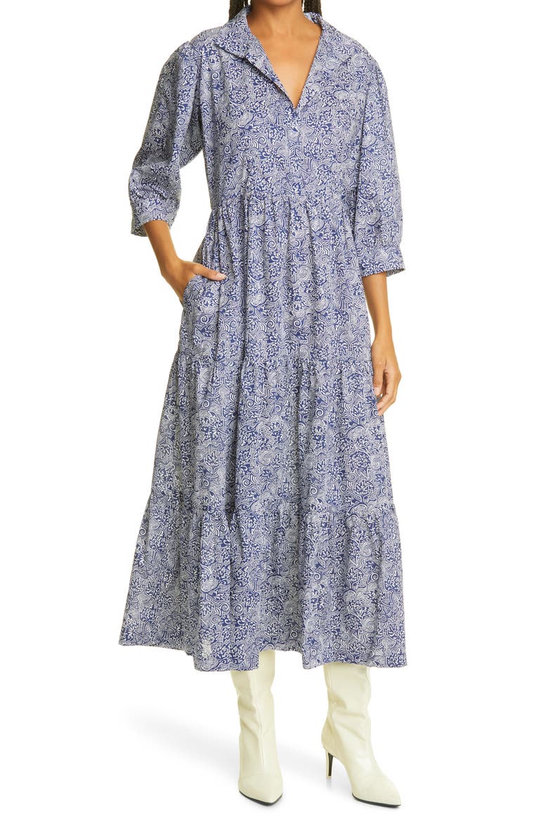 Liberty Fabrics Tana Lawn Edwin Print Tiered Midi Dress, Alternate, color, BLUE