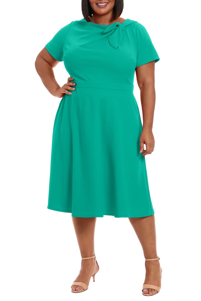 Tie Neck Fit & Flare Midi Dress, Main, color, GREENLAKE