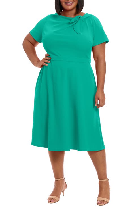 Tie Neck Fit & Flare Midi Dress (Plus)