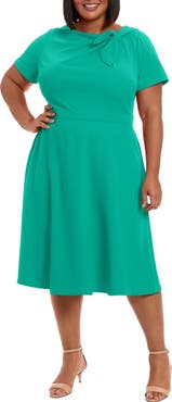 London Times Tie Neck Fit & Flare Midi Dress