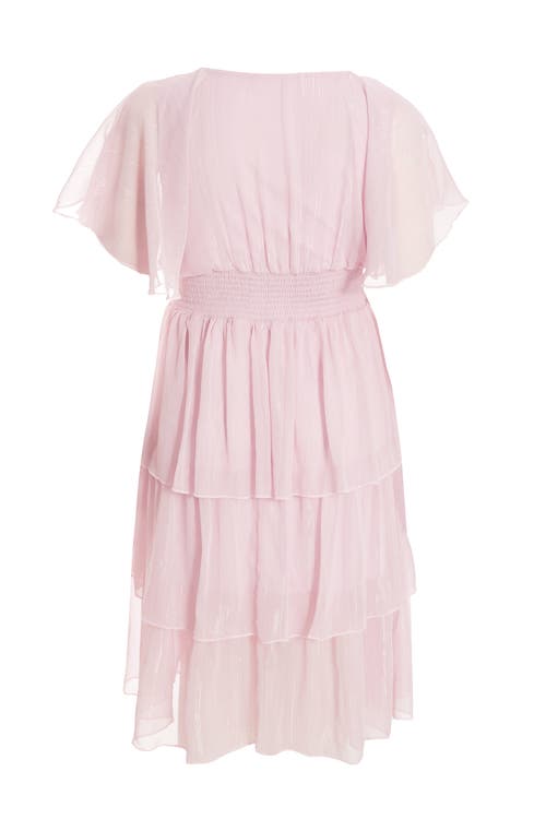Quiz Plus Size Chiffon Glitter Tiered Dress In Pink