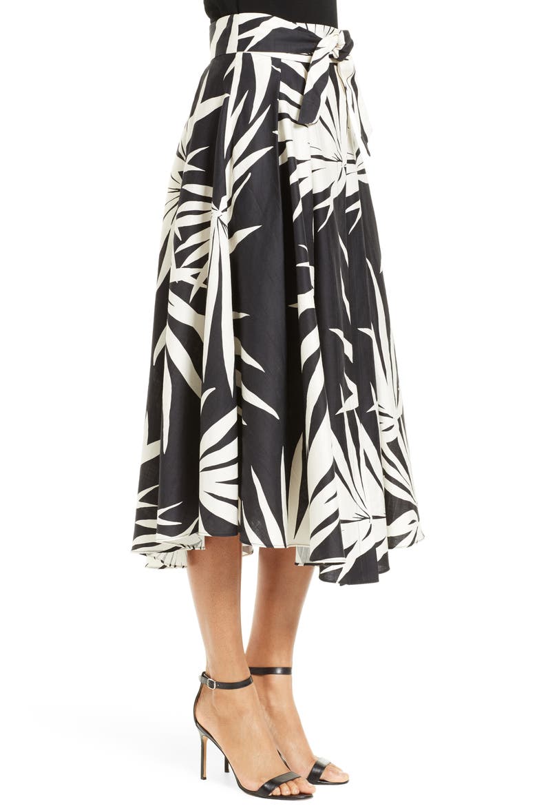 Jackie Palm Print Midi Skirt, Alternate, color, BLACK