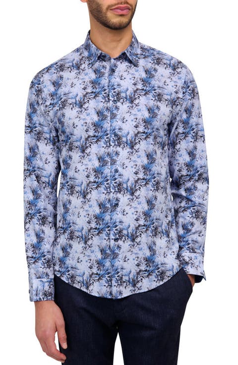 Slim Fit Abstract Leaf Recycled 4-Way Stretch Performance Long Sleeve Shirt
