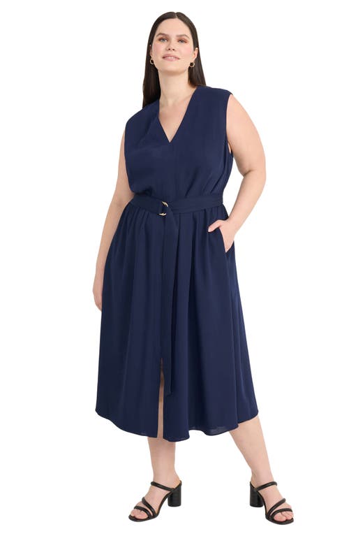 Maggy London Sleeveless Belted Midi Dress In Navy Blazer