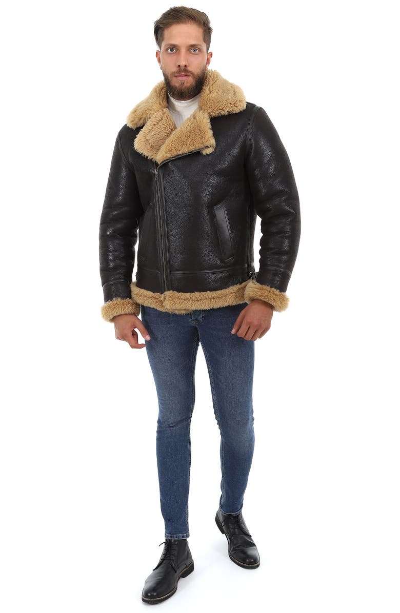 Furniq UK Andrew Grained Leather Shearling Jacket, Alternate, color, Brown