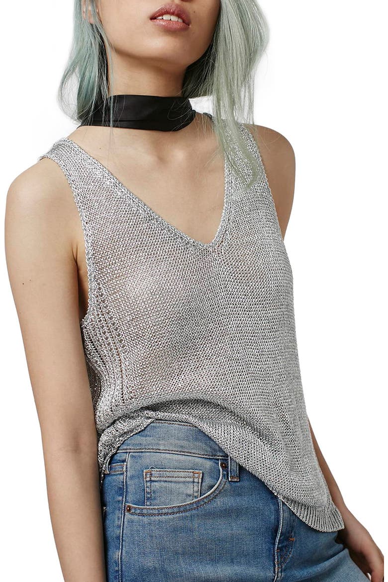 Deep V-Neck Metallic Tank, Main, color, SILVER