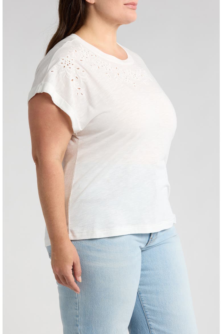 Embroidered Eyelet Cap Sleeve T-Shirt, Alternate, color, OFF WHITE