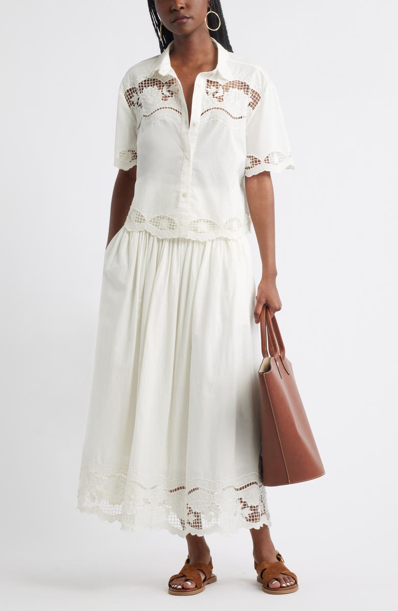 Treasure
Bond Embroidered Eyelet Cotton Smocked Waist Skirt, Alternate, color, Ivory Egret