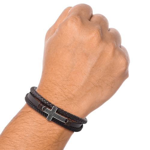 Lucky Brand Braided Leather Bracelet With Cross In Brown