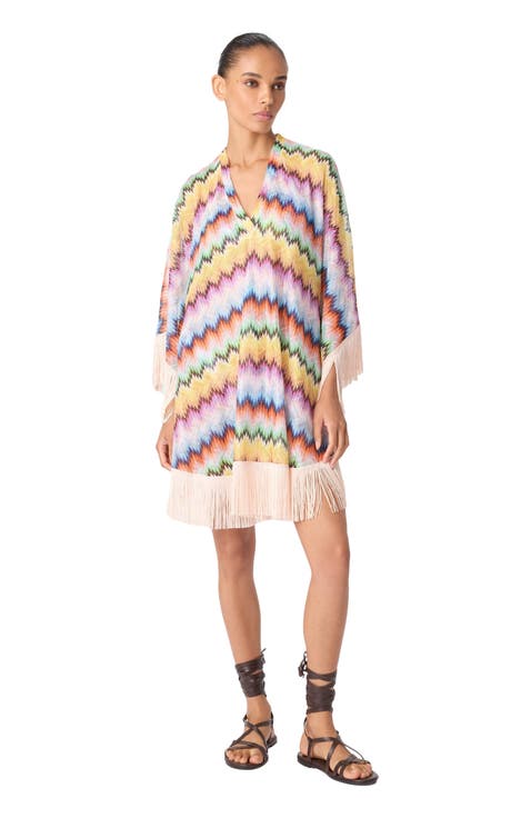 Short Caftan With Fringes And Gradient Stripe Print
