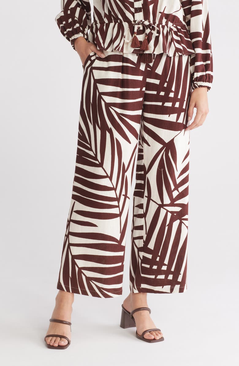Gemma + Jane Palm Print Pull-On Pants, Main, color, Brown/ White