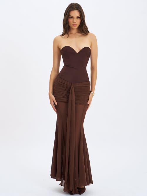 Miss Circle Giovana Sweetheart Draped Mesh Mermaid Maxi Dress In Brown