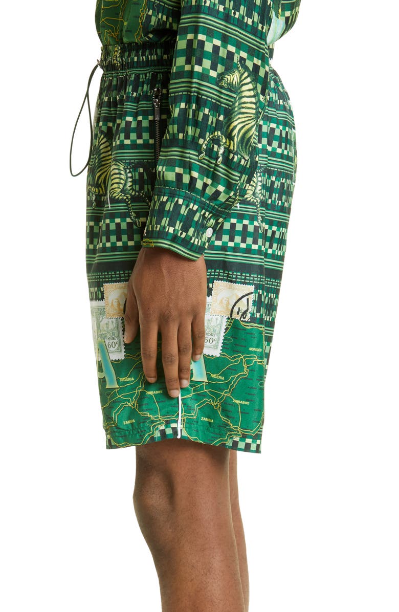 Ahluwalia Buki Geo Map Print Recycled Polyester Swim Trunks, Alternate, color,