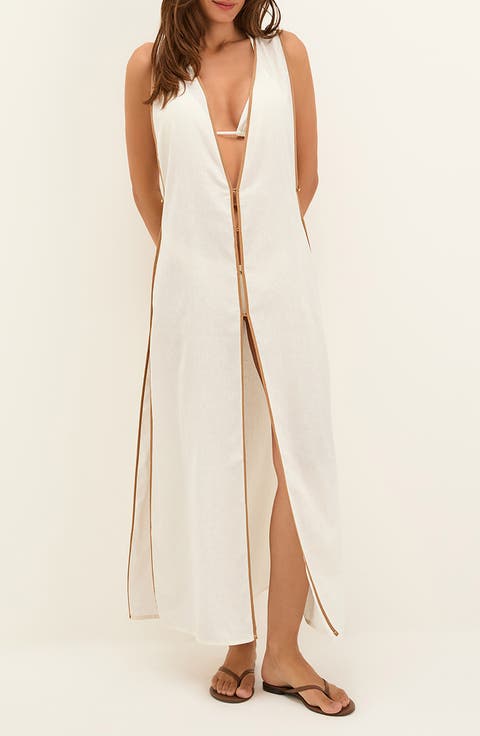 Iva Contrast Binding Cotton Cover-Up Maxi Dress