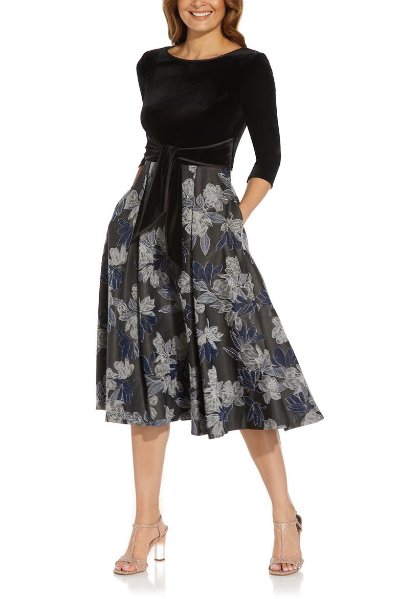 Velvet & Metallic Jacquard Cocktail Dress, Main, color, NAVY/ BLACK