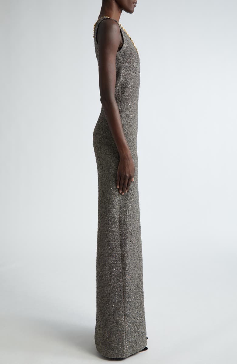 ST. JOHN Sequin Embellished Shimmer Tweed Column Gown, Alternate, color, Carbon/ Gold Multi