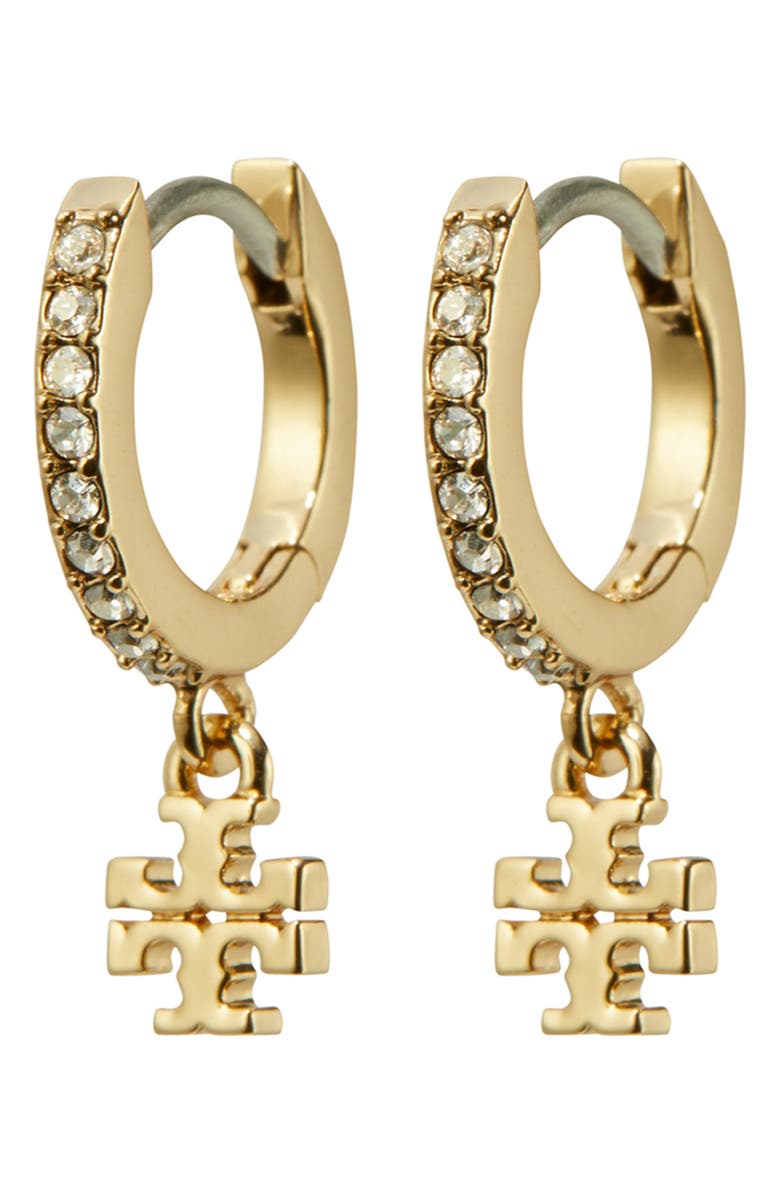 Tory Burch Icon Pavé Huggie Earrings, Alternate, color, Tory Gold / Crystal