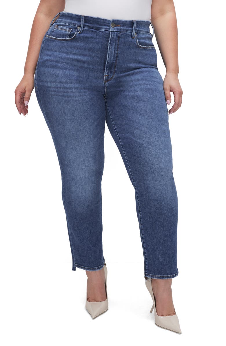 Good American Good Classic Raw Step Hem Straight Leg Jeans, Alternate, color, Indigo620