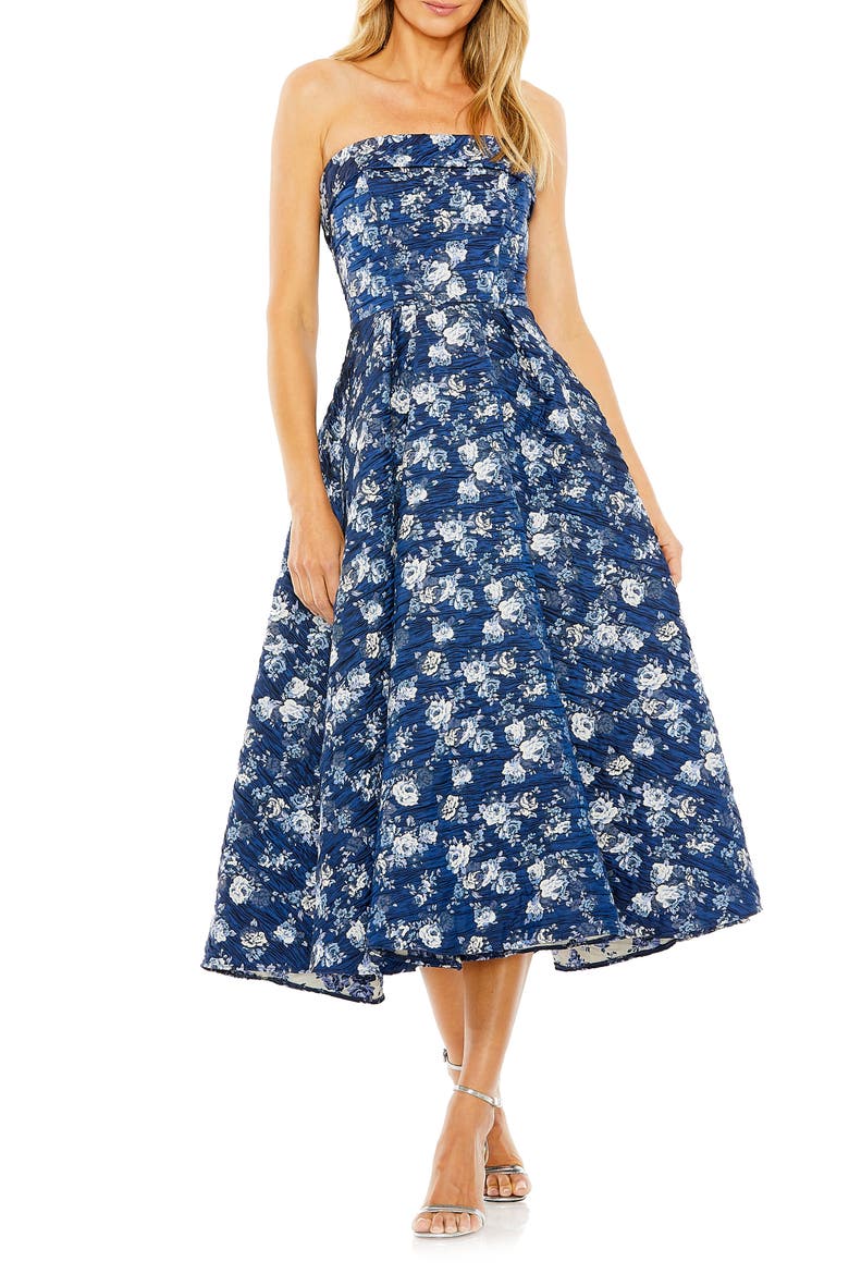 Floral Strapless Brocade Midi Dress, Main, color, BLUE MULTI