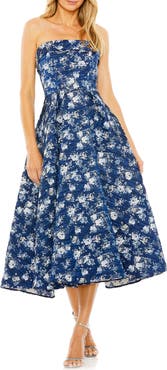 Mac Duggal Floral Strapless Brocade Midi Dress
