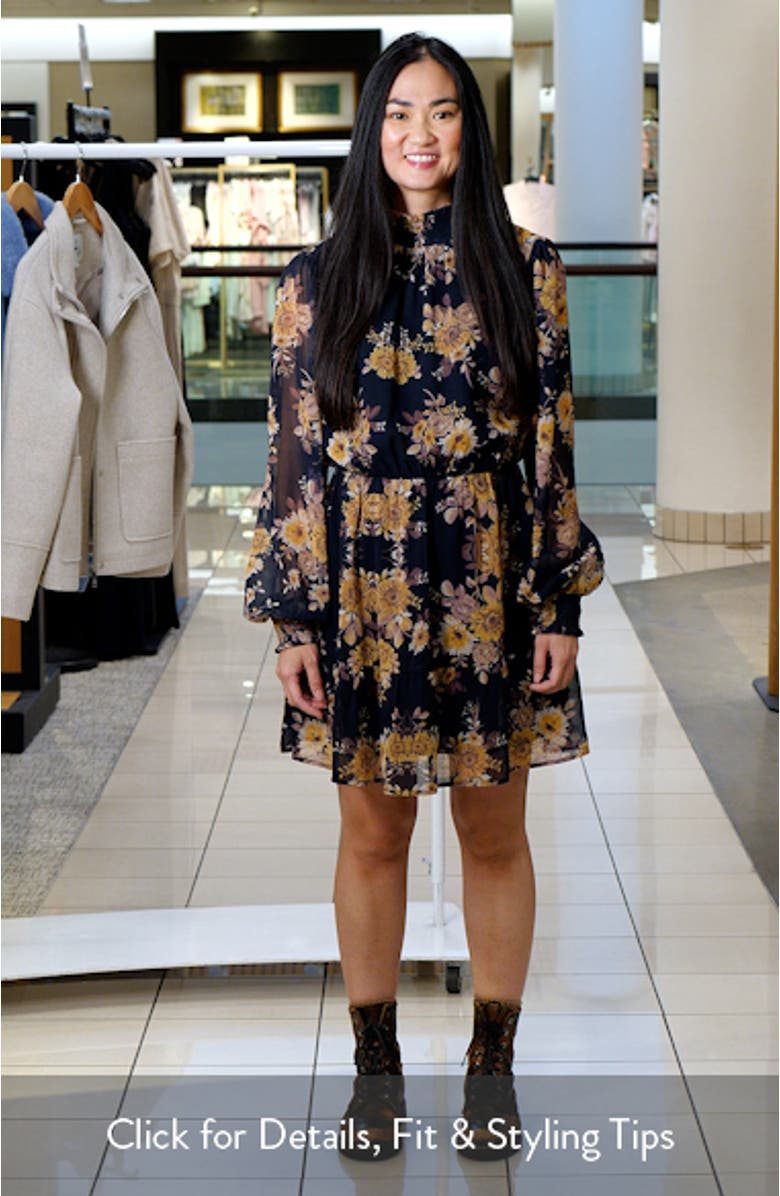 Water Lily Floral Mock Neck Long Sleeve Dress, sales video thumbnail