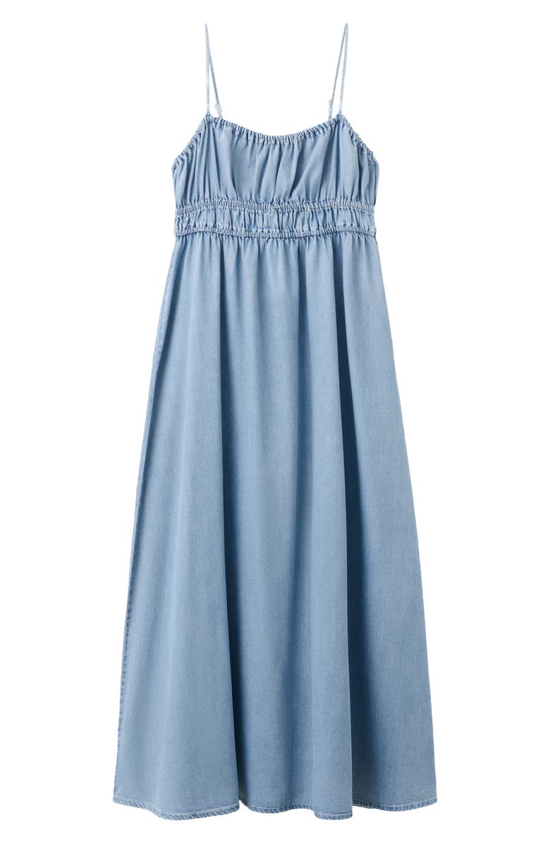 MANGO Gathered Waist Denim Maxi Dress, Alternate, color, Light Blue