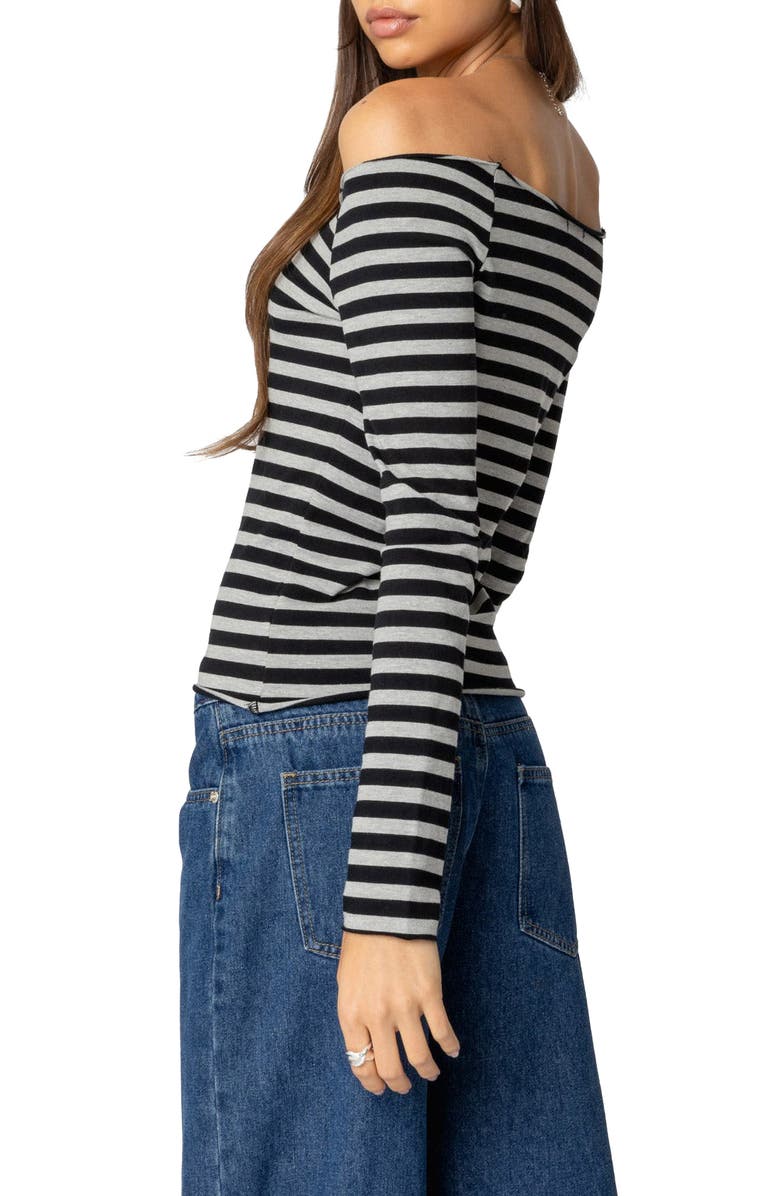 EDIKTED Nelligan Stripe Off the Shoulder Stretch Cotton Knit Top, Alternate, color, Gray-Melange