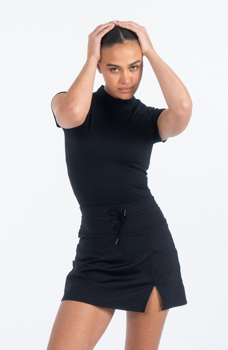 Sierra Madre Golf Ready Mock Neck Short Sleeve Top, Main, color, Black