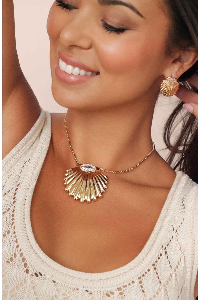 Cubic Zirconia Scalloped Shell Pendant Necklace, Alternate, color, GOLD