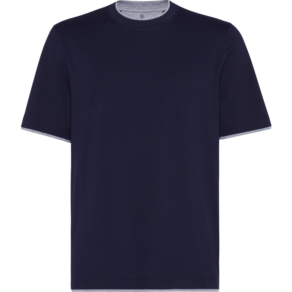 Brunello Cucinelli Men Silk And Cotton Jersey Crew-neck T-shirt With Faux-layering In Cobalt