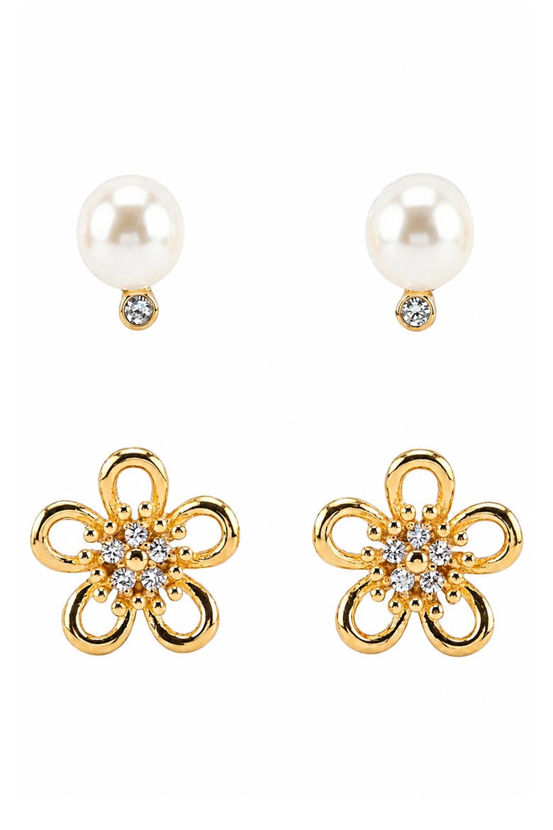 Set of 2 Flower Stud Earrings, Main, color, CLEAR/ GOLD
