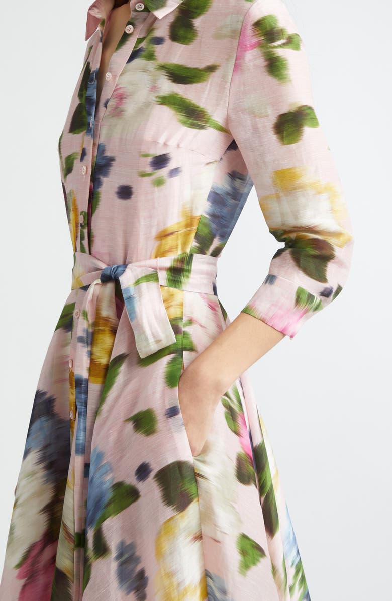 Carolina Herrera Blurred Rose Print Linen & Silk Trench Gown, Alternate, color, Rosewater Multi