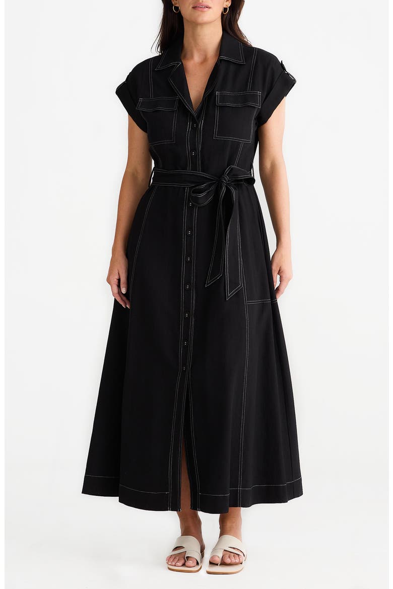 Portia Cotton & Linen Blend Maxi Shirtress, Main, color, BLACK