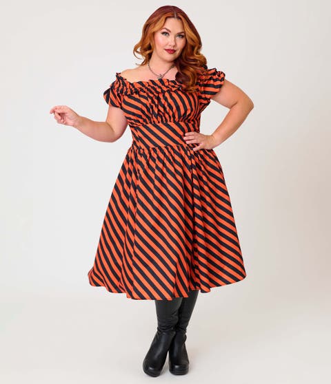 Plus Size 1950s Off The Shoulder Ruffle Swing Dress