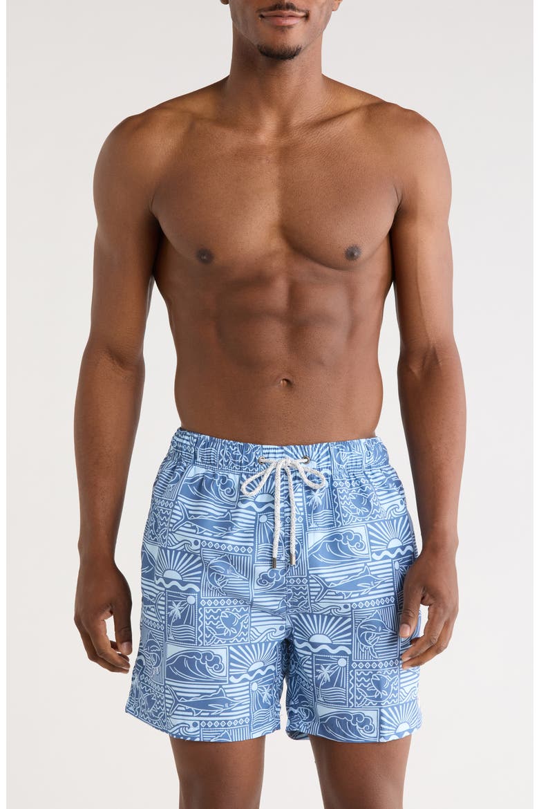 Printed Rising Sun Volley Swim Shorts, Main, color, BLUE