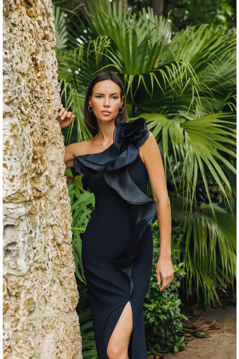 Organza Ruffle One-Shoulder Scuba Crepe Gown, Alternate, color, NAVY/ NAVY