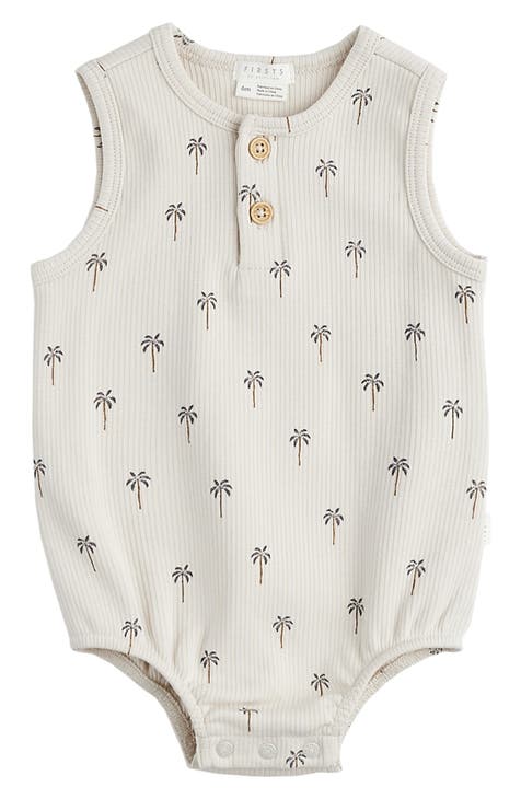 Palm Tree Print Rib Henley Romper (Baby)