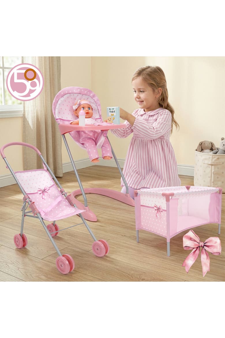 Bow Travel Care N' Feed Doll Set Stroller Accessories 9pc, Alternate, color, Multicolored