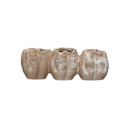 Storied Home Stoneware Pod Shaped Vase With 3 Sections And Organically Shaped Edge And Distressed Fi In Brown