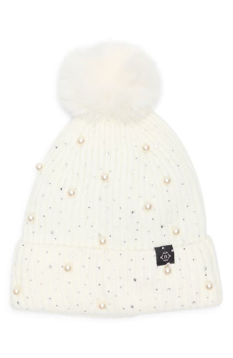 Scattered Embellished Faux Fur Pompom Beanie