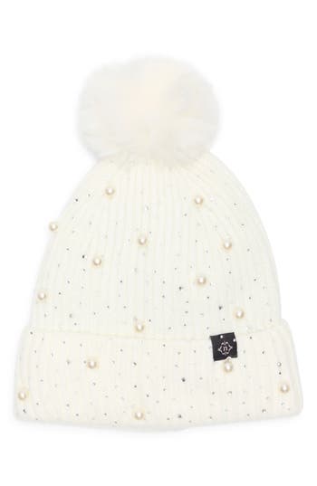 Nanette Lepore Scattered Embellished Faux Fur Pompom Beanie In Neutral