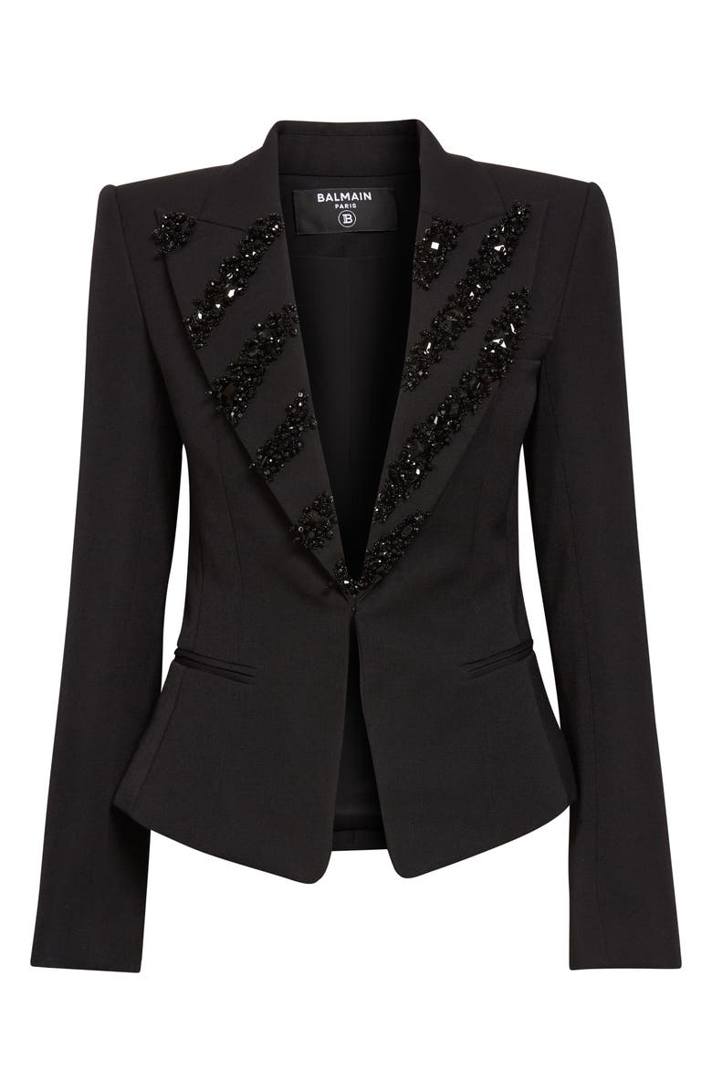 Balmain Crystal Zebra Stripe Wool Grain de Poudre Jacket, Main, color, Black/ Black
