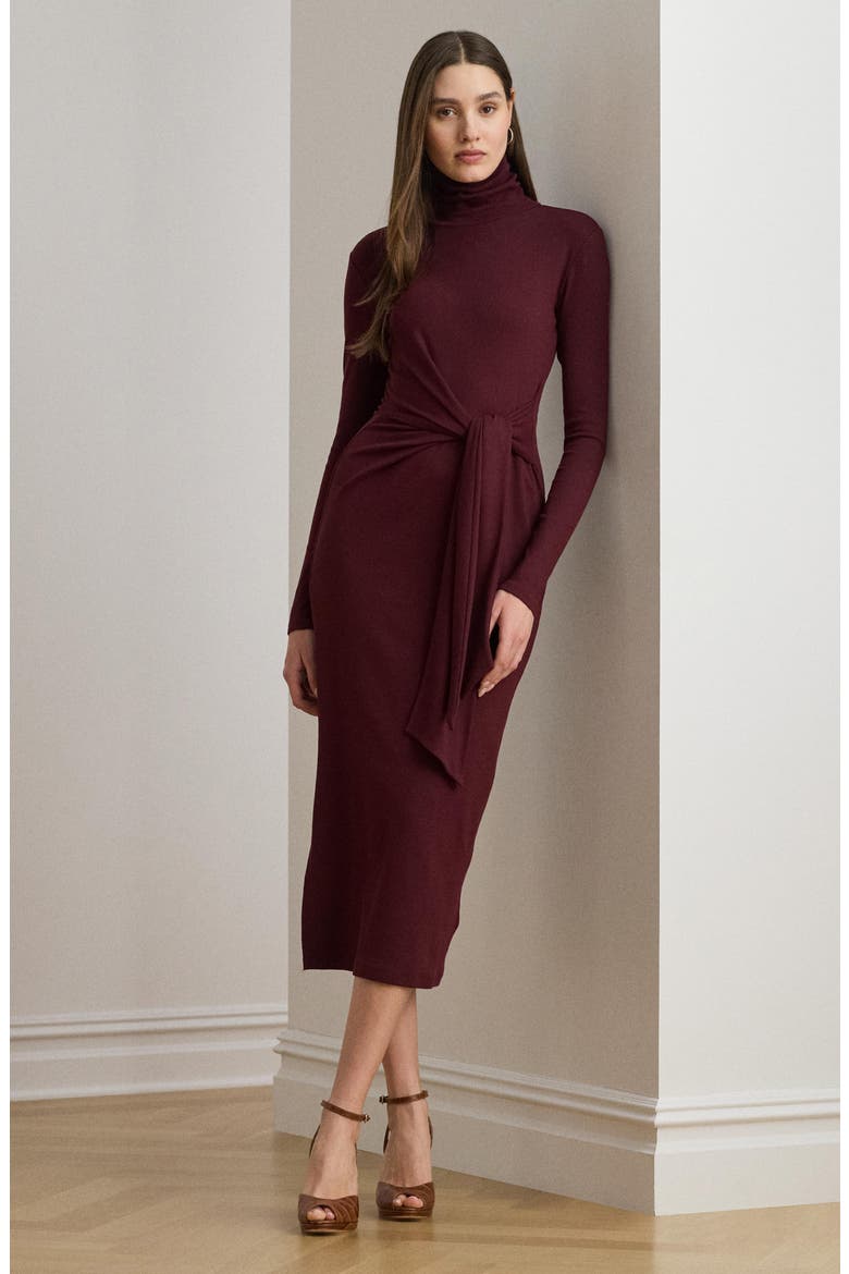 Long Sleeve Turtleneck Tie Front Dress, Alternate, color, BURGUNDY