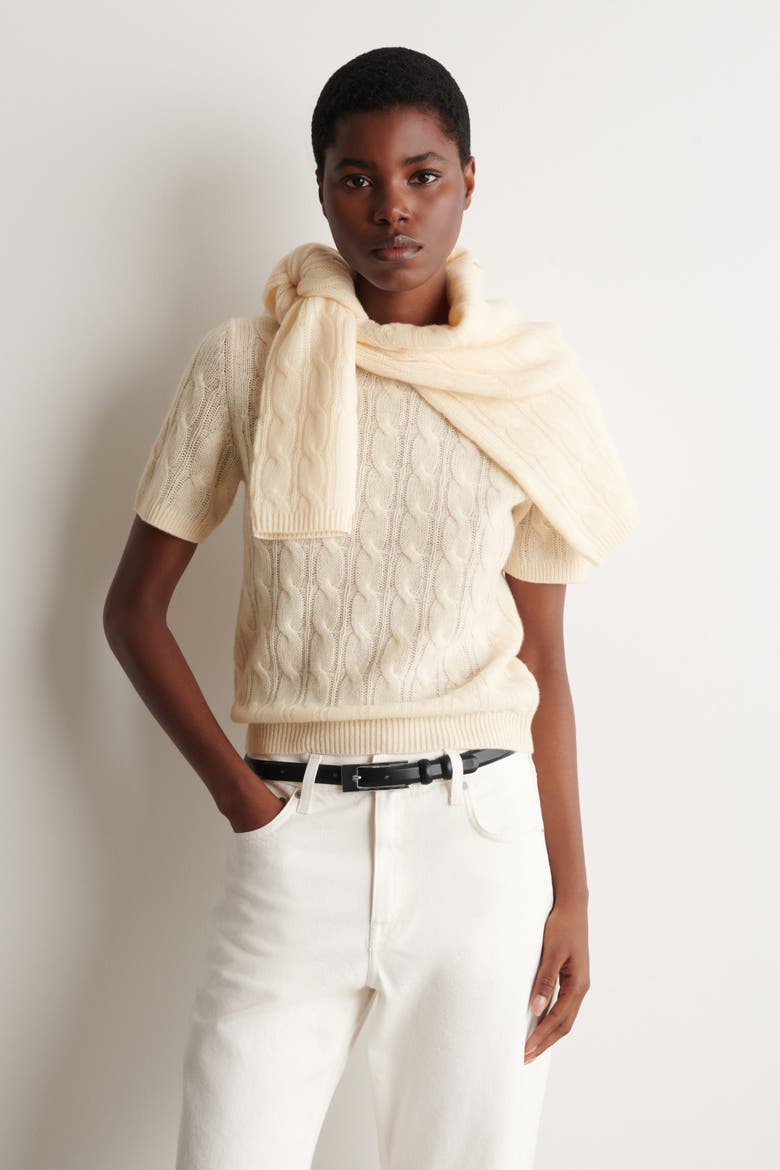 Cable-knit Cashmere T-shirt, Alternate, color, IVORY