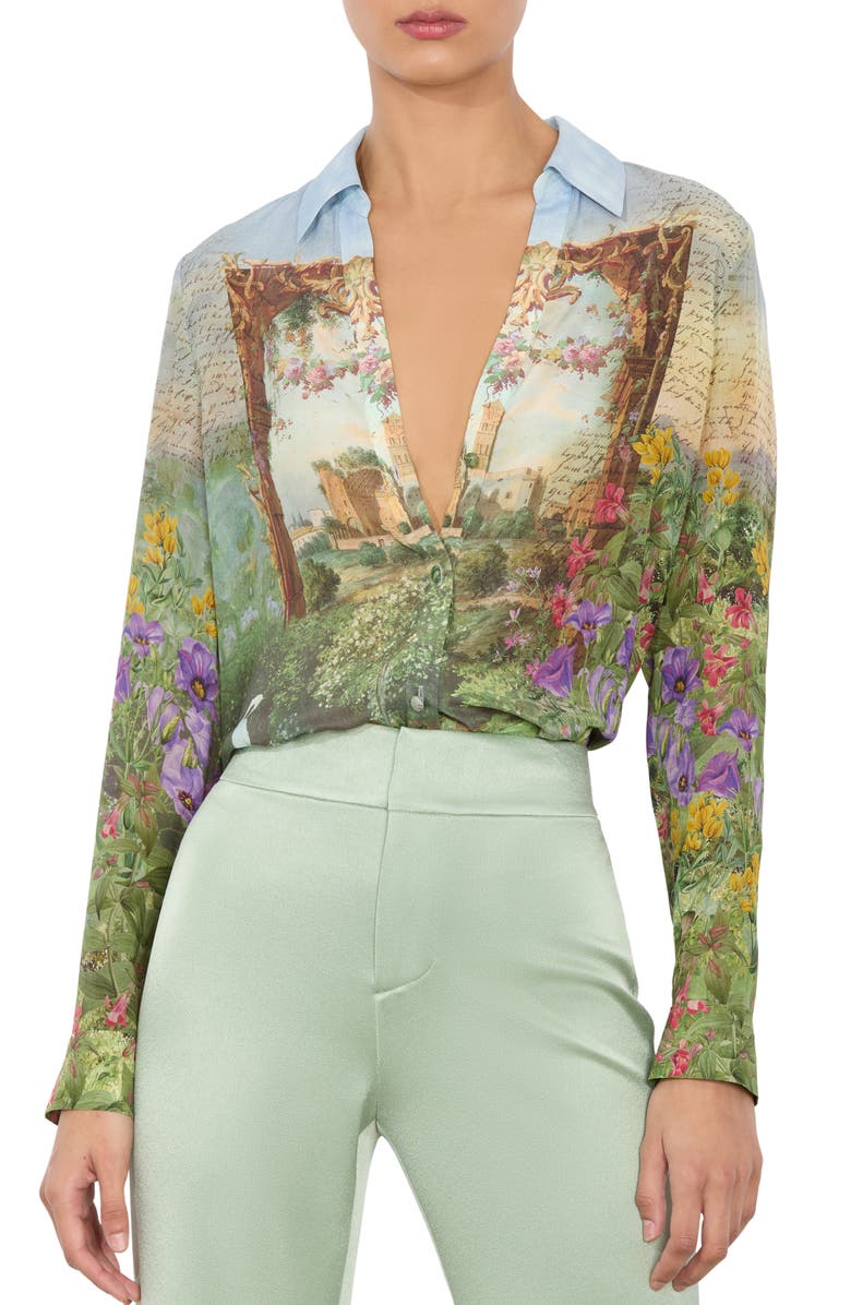 Alice + Olivia Eloise Silk Button-Up Shirt, Main, color, 