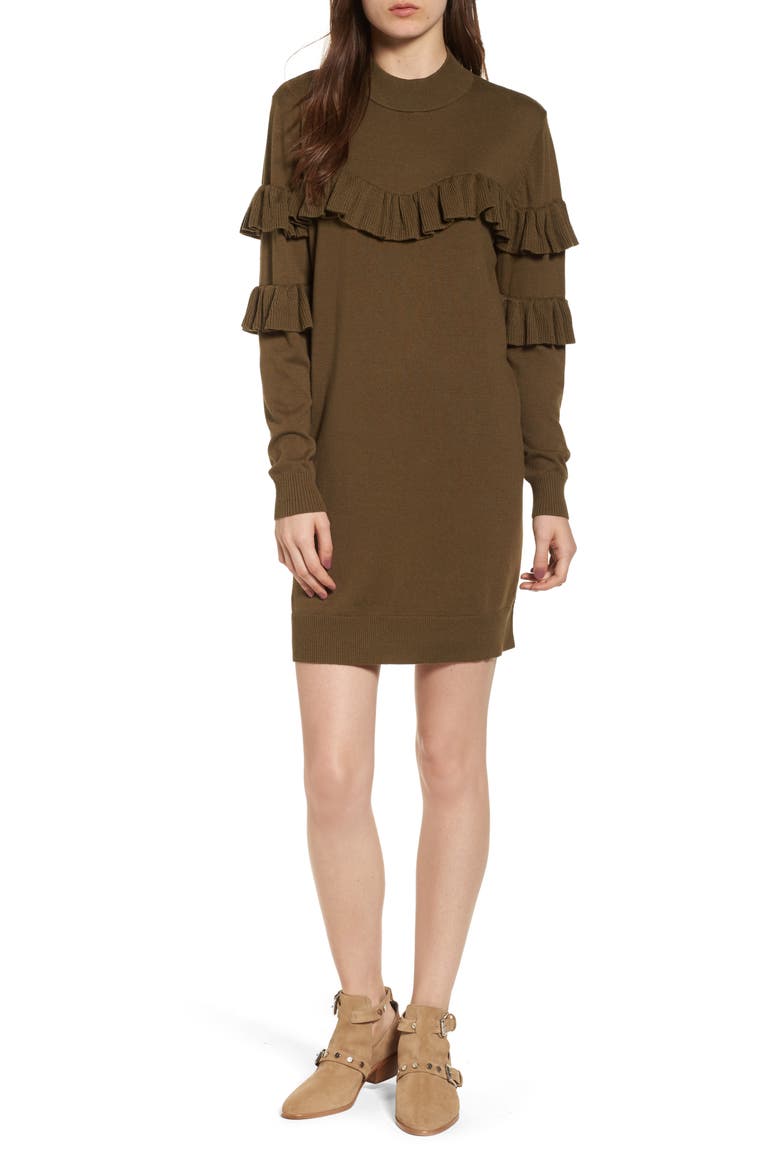 Ruffle Sweater Dress, Alternate, color, OLIVE DARK